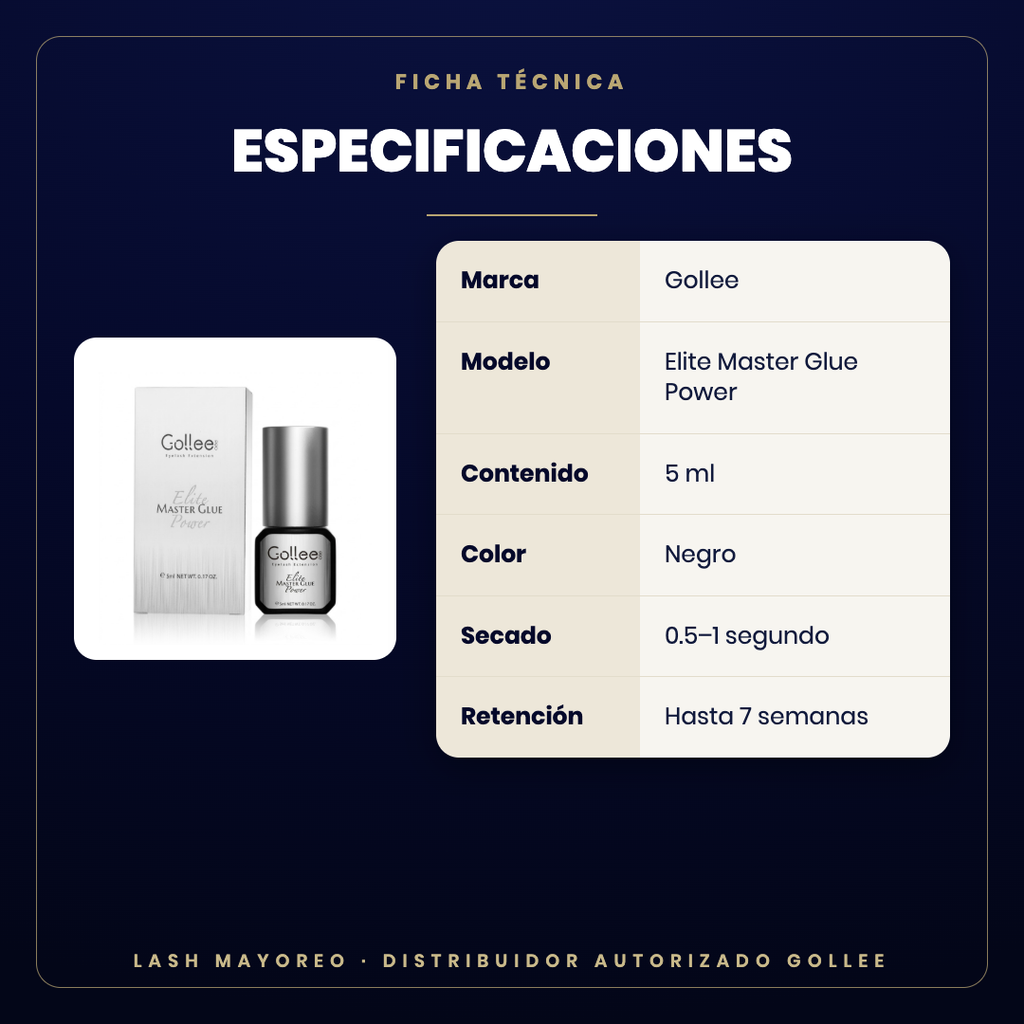 Adhesivo Elite Master Glue Power Gollee — especificaciones | Lash Mayoreo