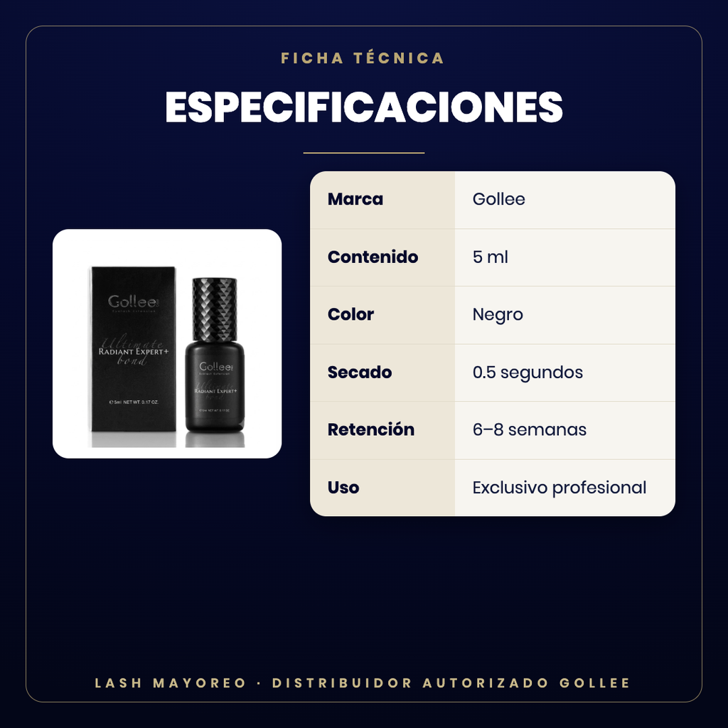 Adhesivo Radiant Expert Gollee — especificaciones | Lash Mayoreo
