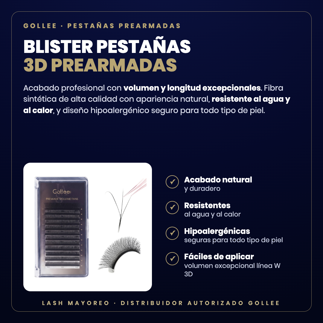 Blister pestañas 3D prearmadas Gollee — descripción y beneficios | Lash Mayoreo