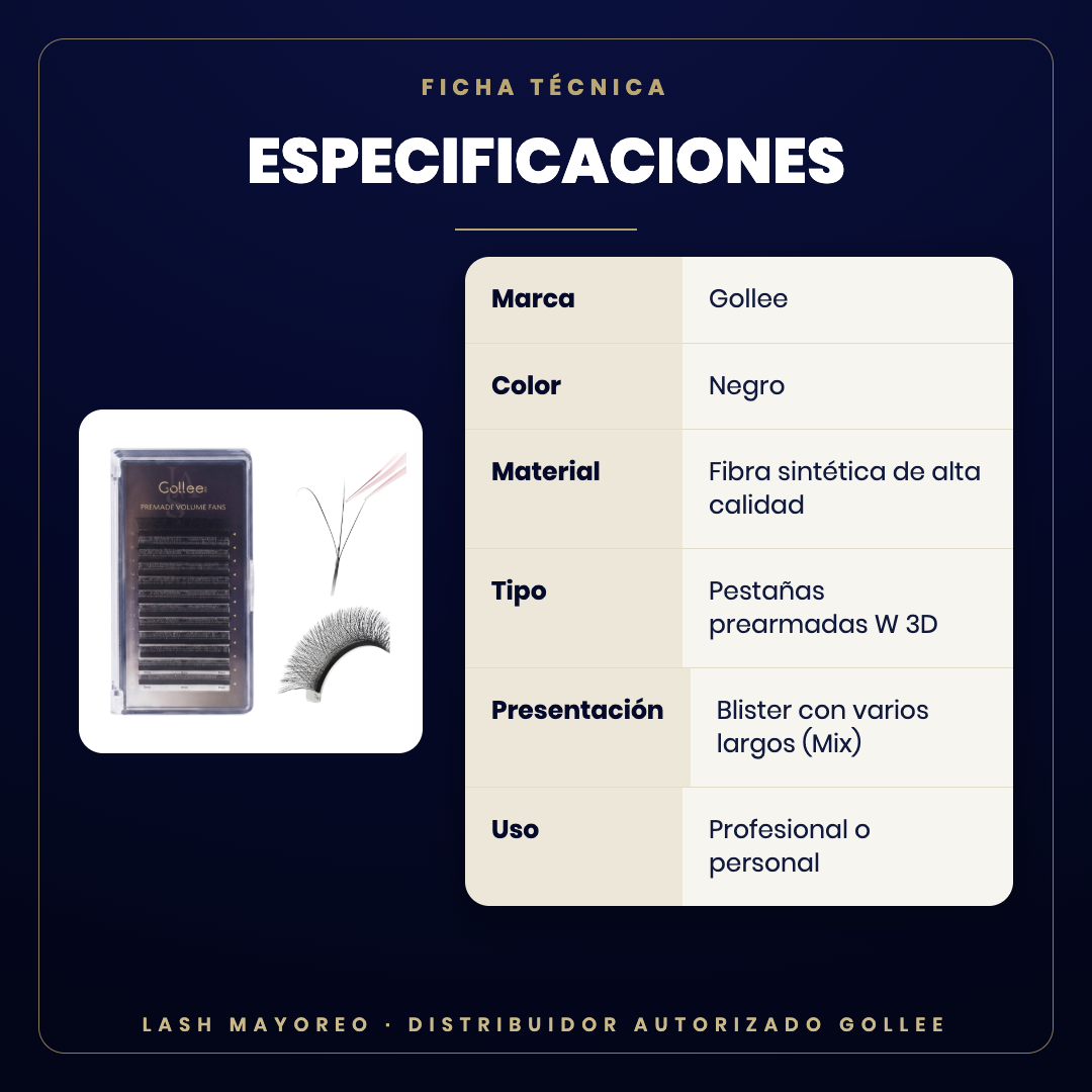 Blister pestañas 3D prearmadas Gollee — especificaciones | Lash Mayoreo
