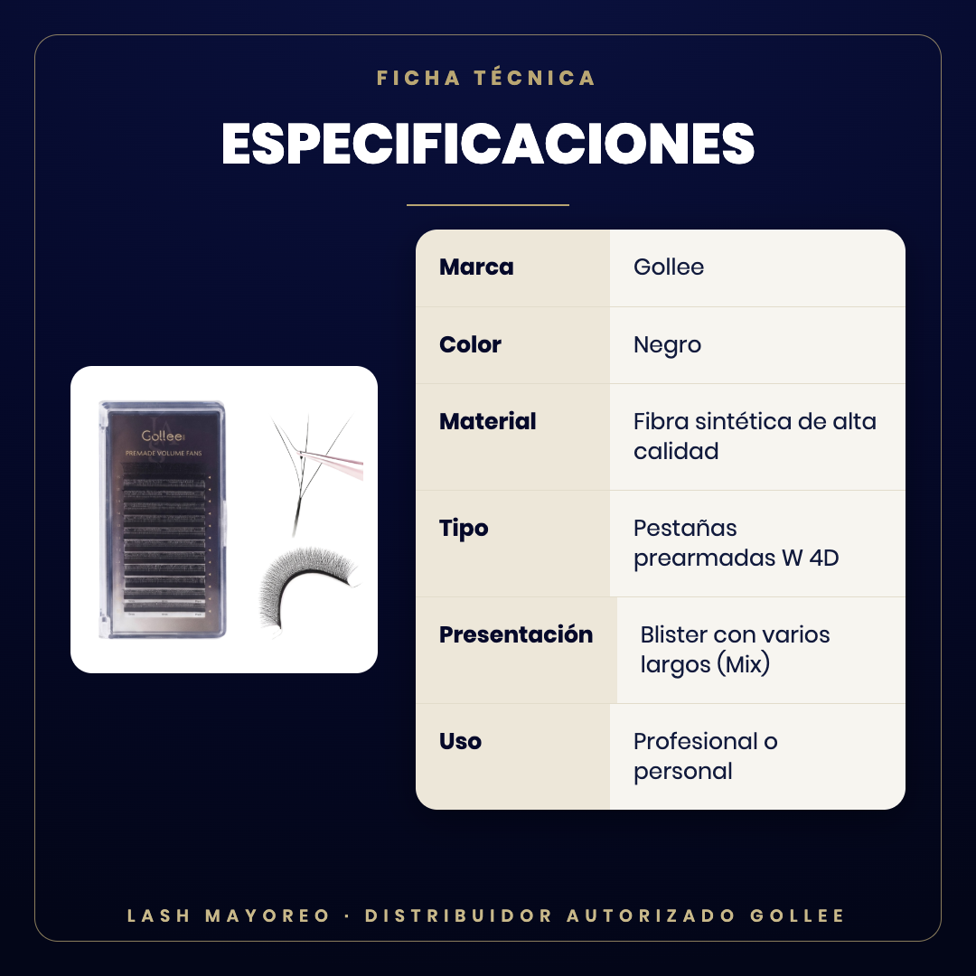 Blister pestañas 4D Mix prearmadas Gollee — especificaciones | Lash Mayoreo