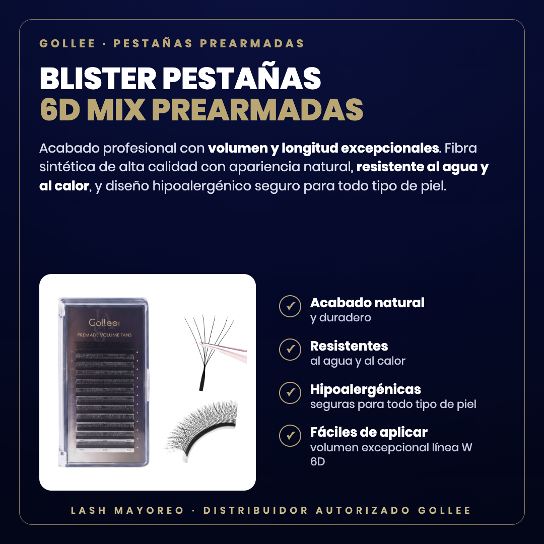 Blister pestañas 6D Mix prearmadas Gollee — descripción y beneficios | Lash Mayoreo