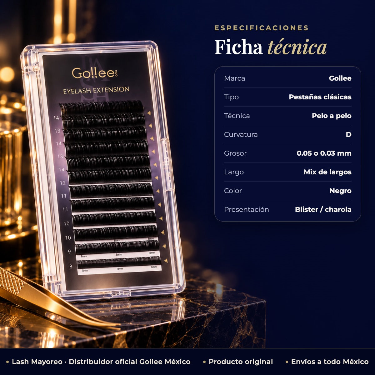 Blister Gollee pestañas clásicas D-Mix — Ficha técnica | Lash Mayoreo