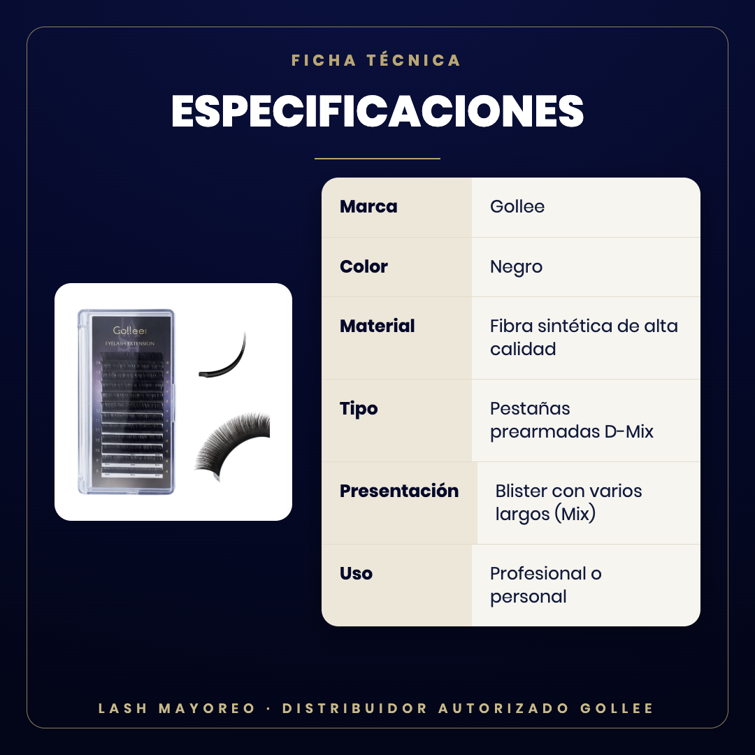 Blister pestañas D-Mix prearmadas Gollee — especificaciones | Lash Mayoreo