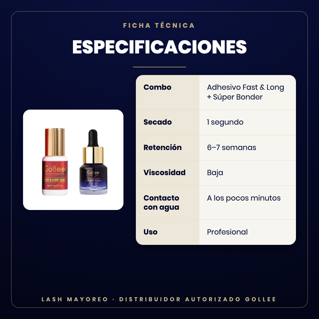 Combo Fast & Long + Súper Bonder Gollee — especificaciones | Lash Mayoreo