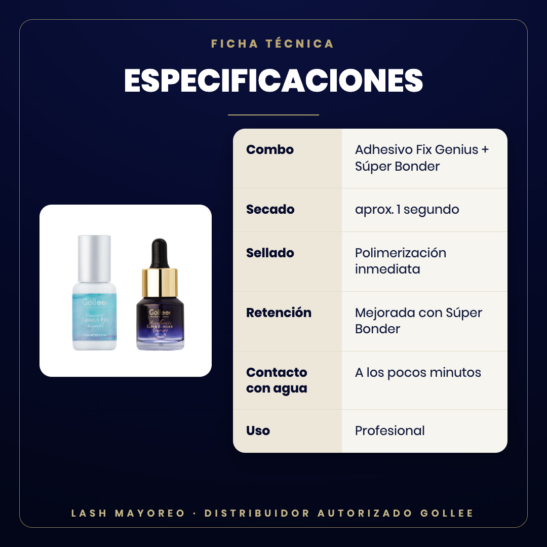Combo Fix Genius + Súper Bonder Gollee — especificaciones | Lash Mayoreo