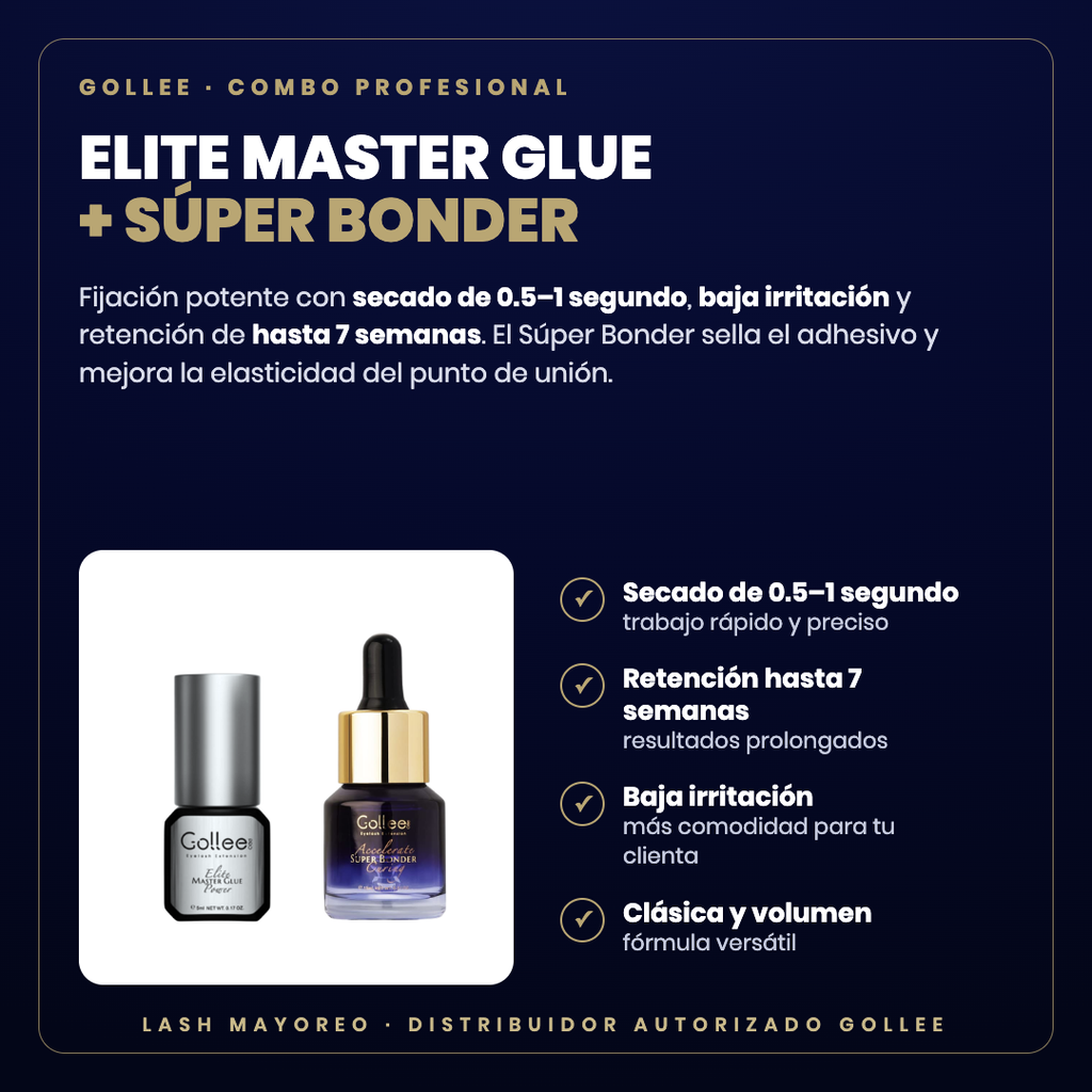 Combo Elite Master Glue + Súper Bonder Gollee — descripción y beneficios | Lash Mayoreo