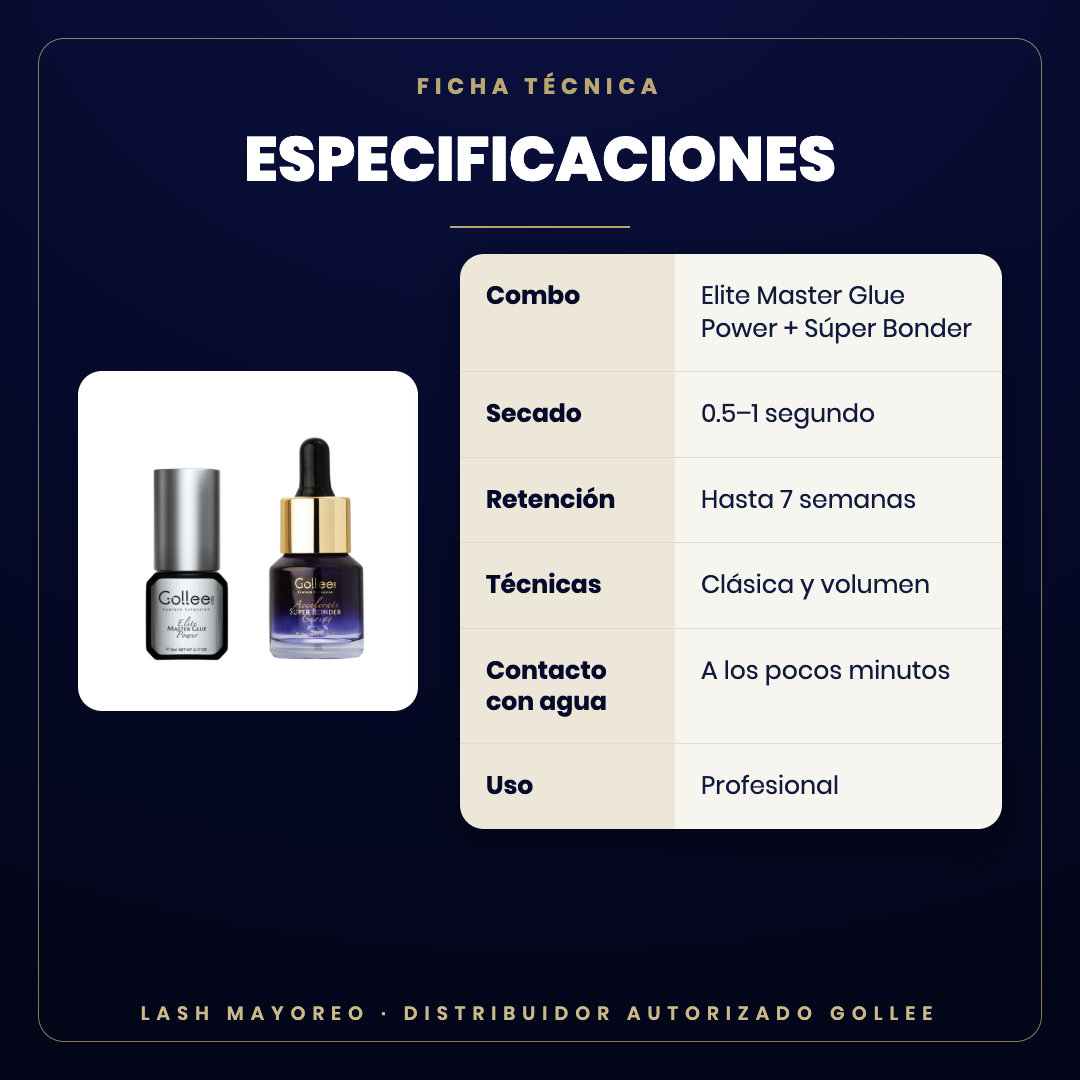 Combo Elite Master Glue + Súper Bonder Gollee — especificaciones | Lash Mayoreo