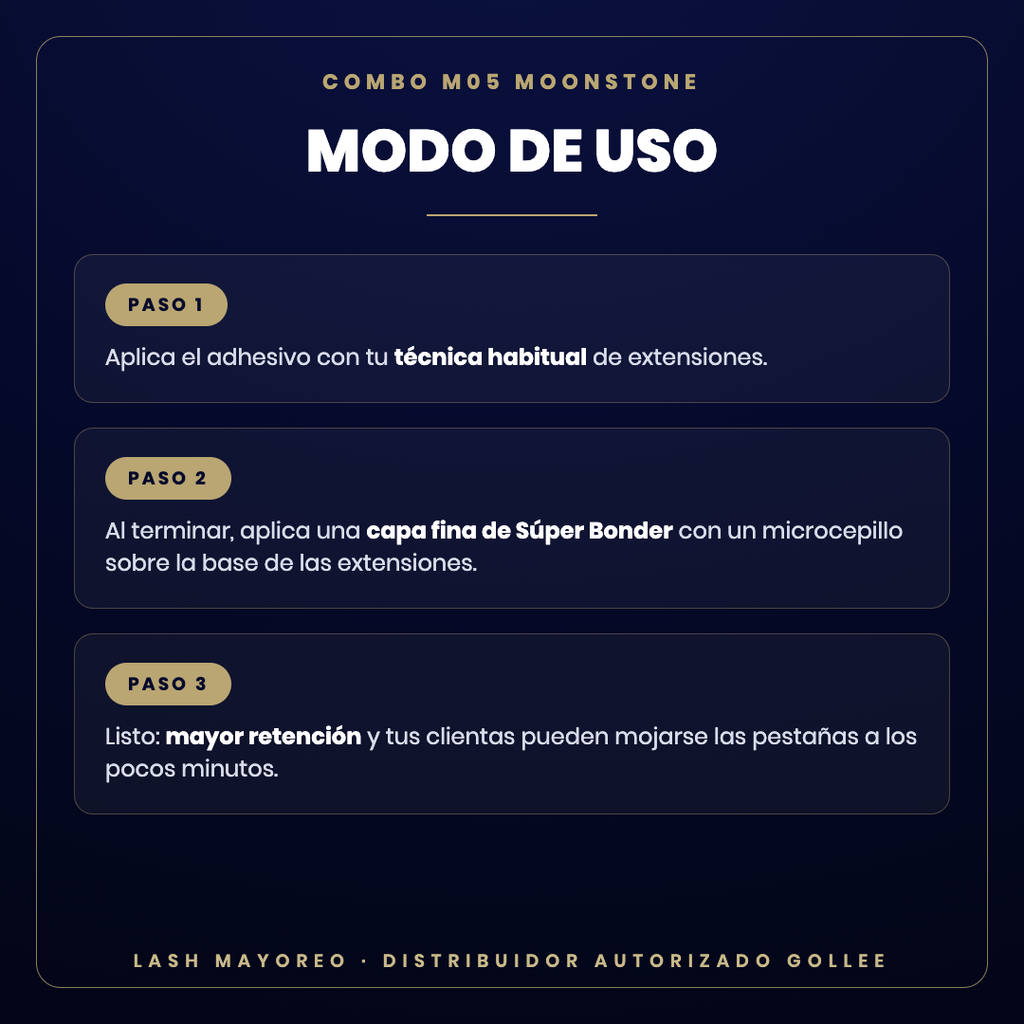 Combo M05 Moonstone + Súper Bonder Gollee — modo de uso | Lash Mayoreo