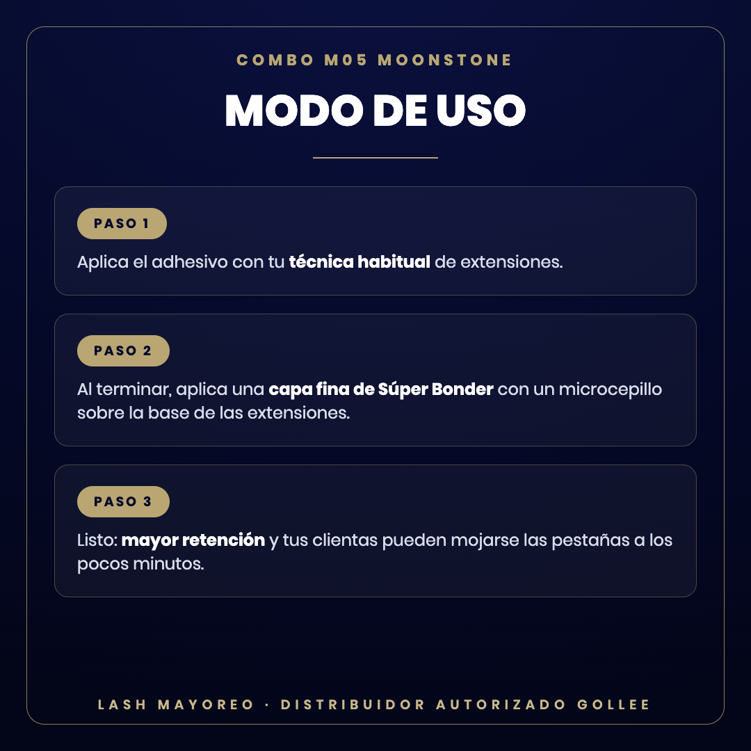 Combo M05 Moonstone + Súper Bonder Gollee — modo de uso | Lash Mayoreo