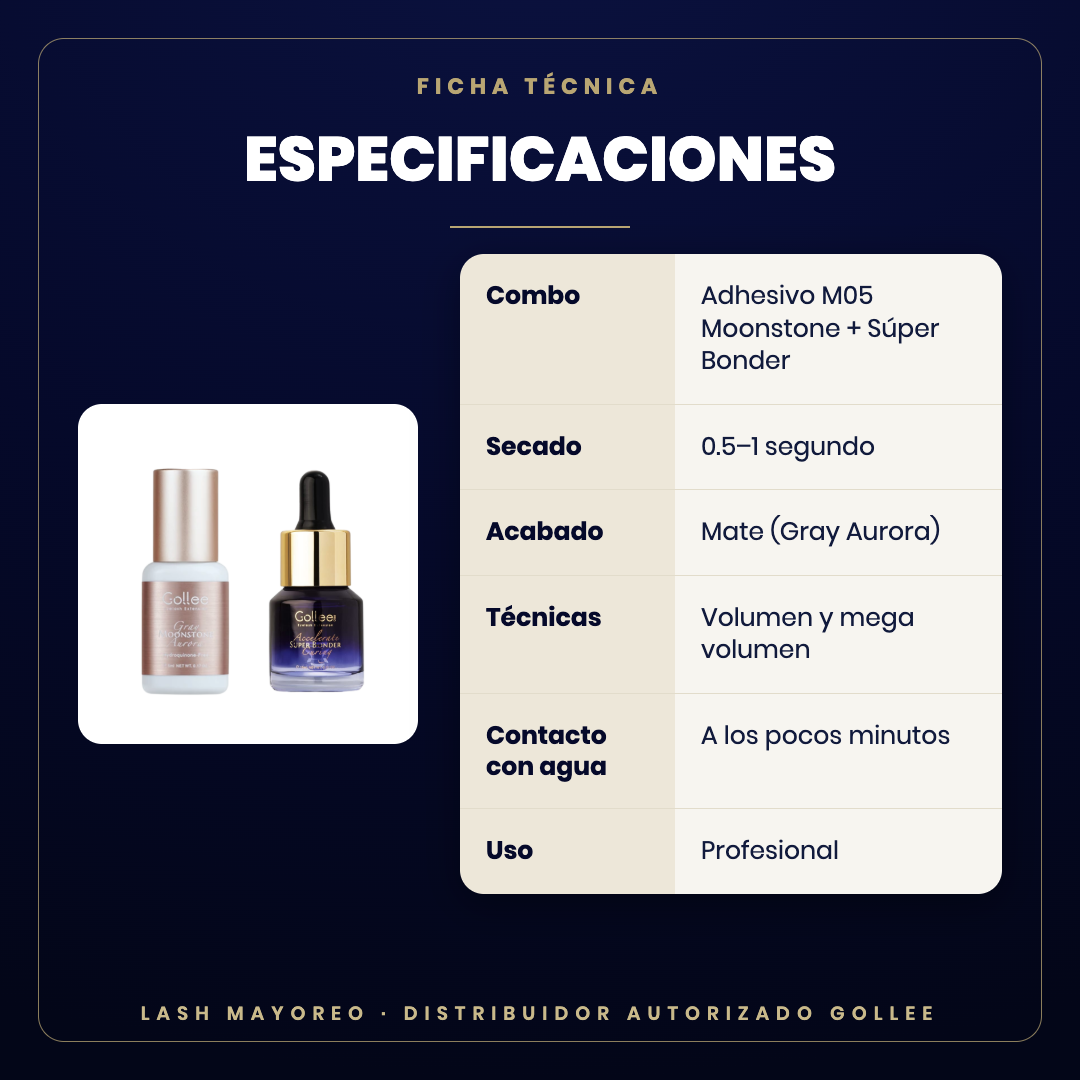 Combo M05 Moonstone + Súper Bonder Gollee — especificaciones | Lash Mayoreo