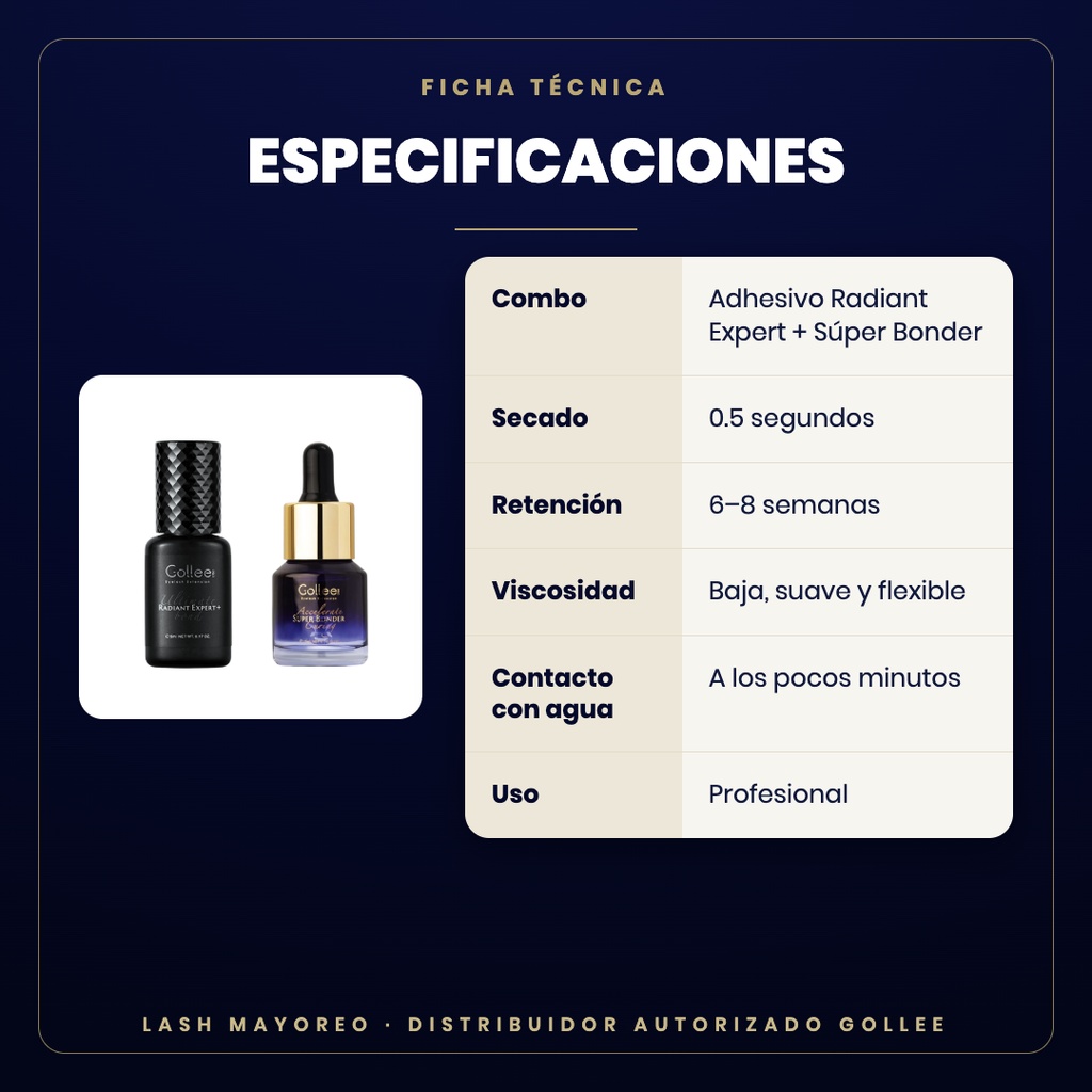 Combo Radiant Expert + Súper Bonder Gollee — especificaciones | Lash Mayoreo