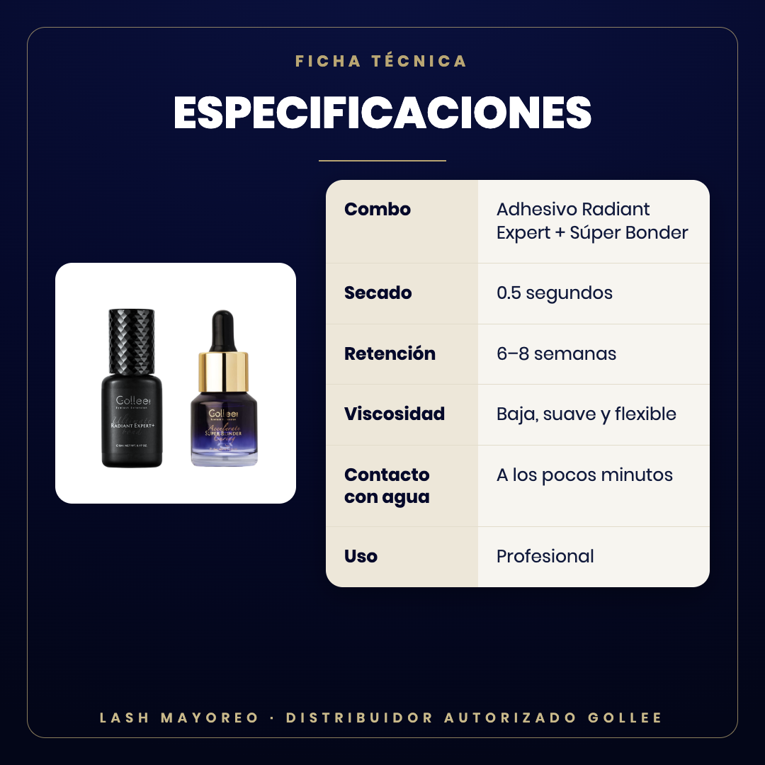 Combo Radiant Expert + Súper Bonder Gollee — especificaciones | Lash Mayoreo