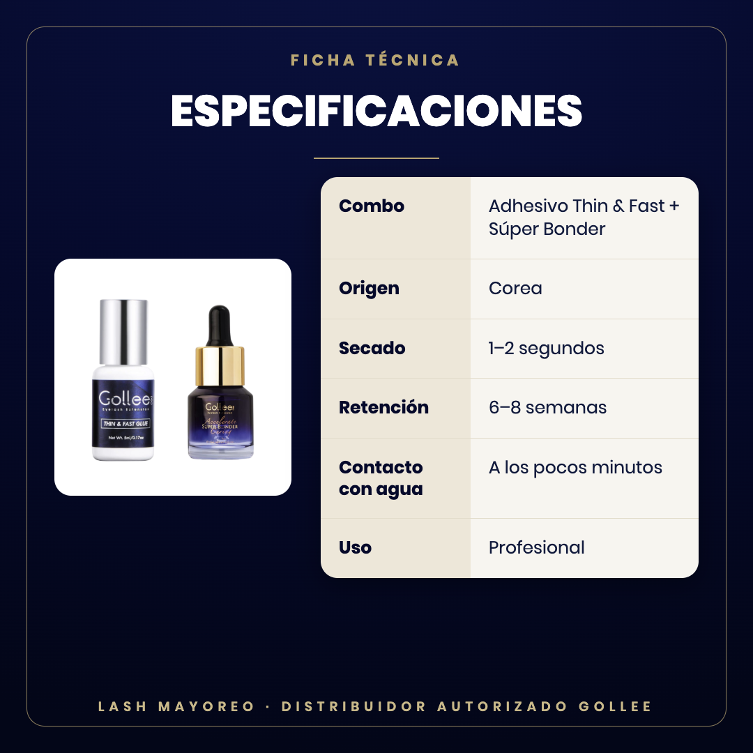 Combo Thin & Fast + Súper Bonder Gollee — especificaciones | Lash Mayoreo