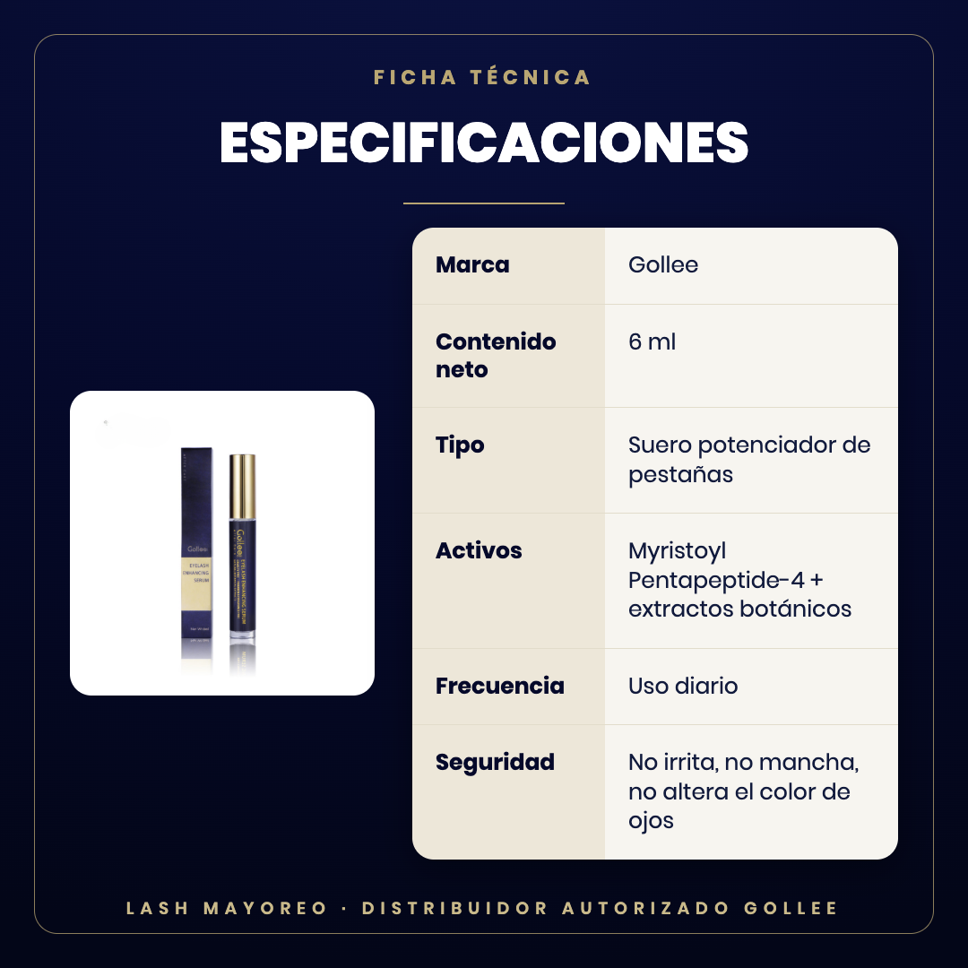Suero fortalecedor de pestañas Gollee — especificaciones | Lash Mayoreo