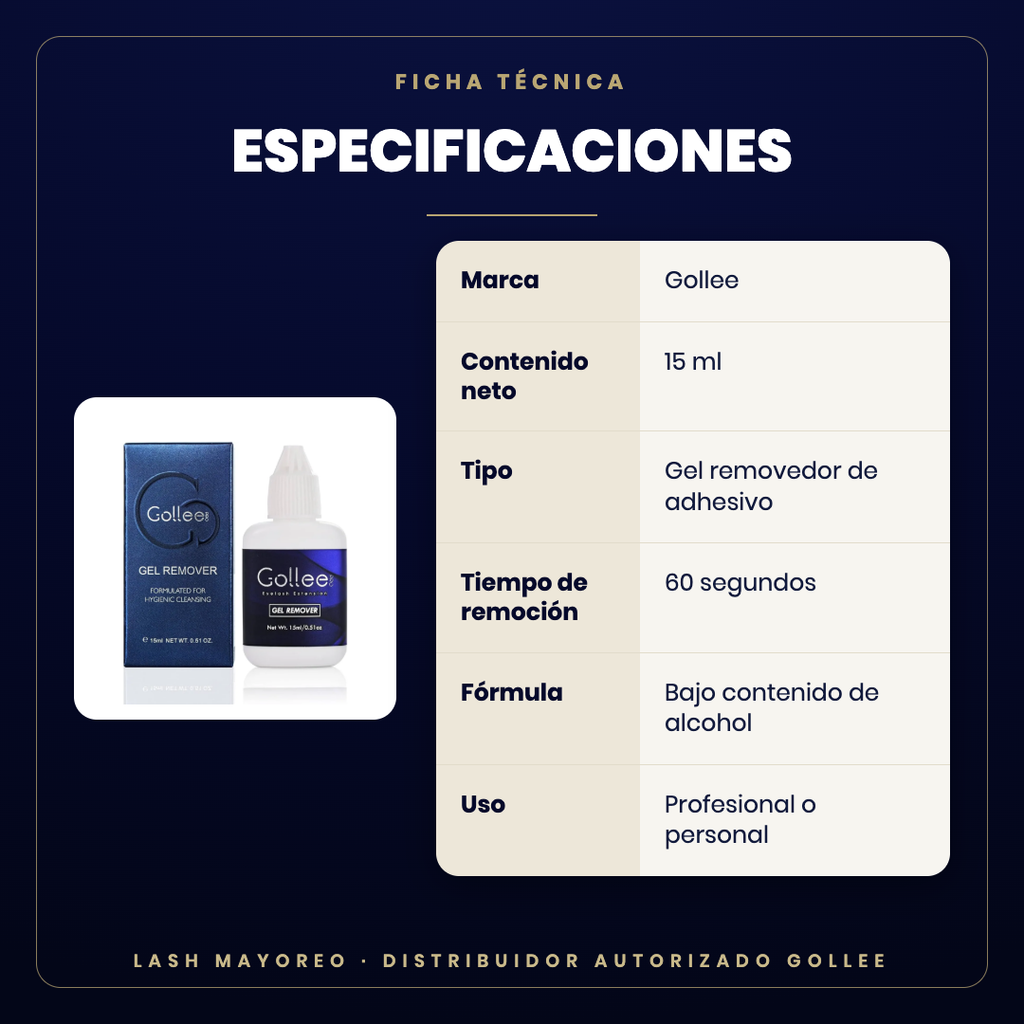 Gel Removedor de pestañas Gollee — especificaciones | Lash Mayoreo