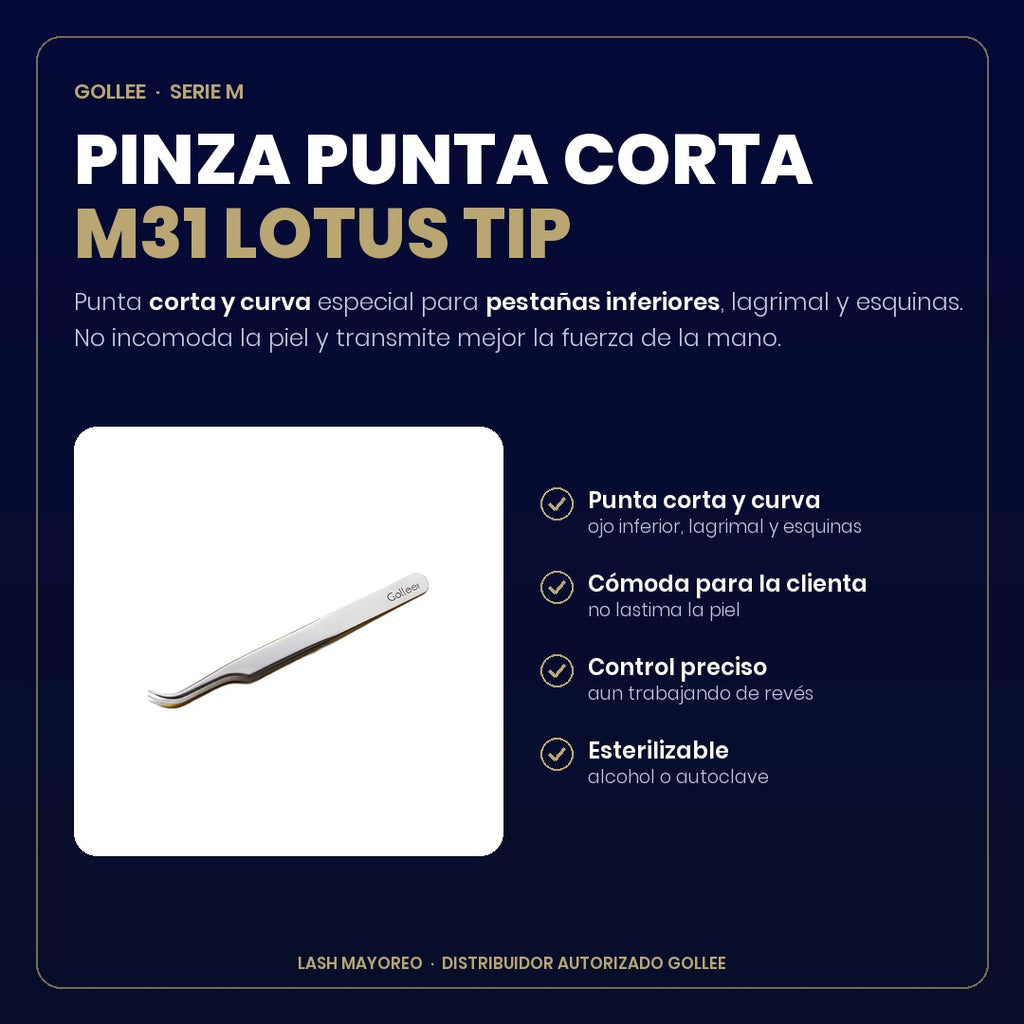 Pinza para Extensiones de Pestañas Inferiores Gollee M31 Lotus Tip | Lash Mayoreo