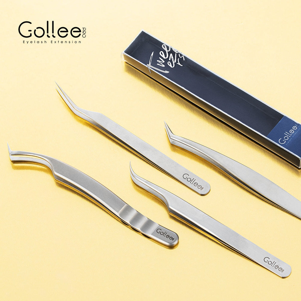 Set 4 Pinzas para Extensiones de Pestañas Gollee Serie M (M11, M21, M31, M41) | Lash Mayoreo
