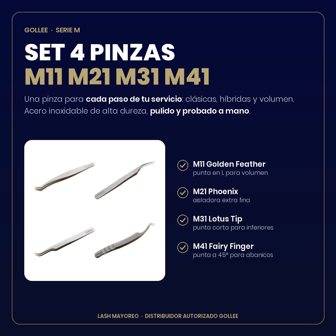 Set 4 Pinzas para Extensiones de Pestañas Gollee Serie M (M11, M21, M31, M41) | Lash Mayoreo