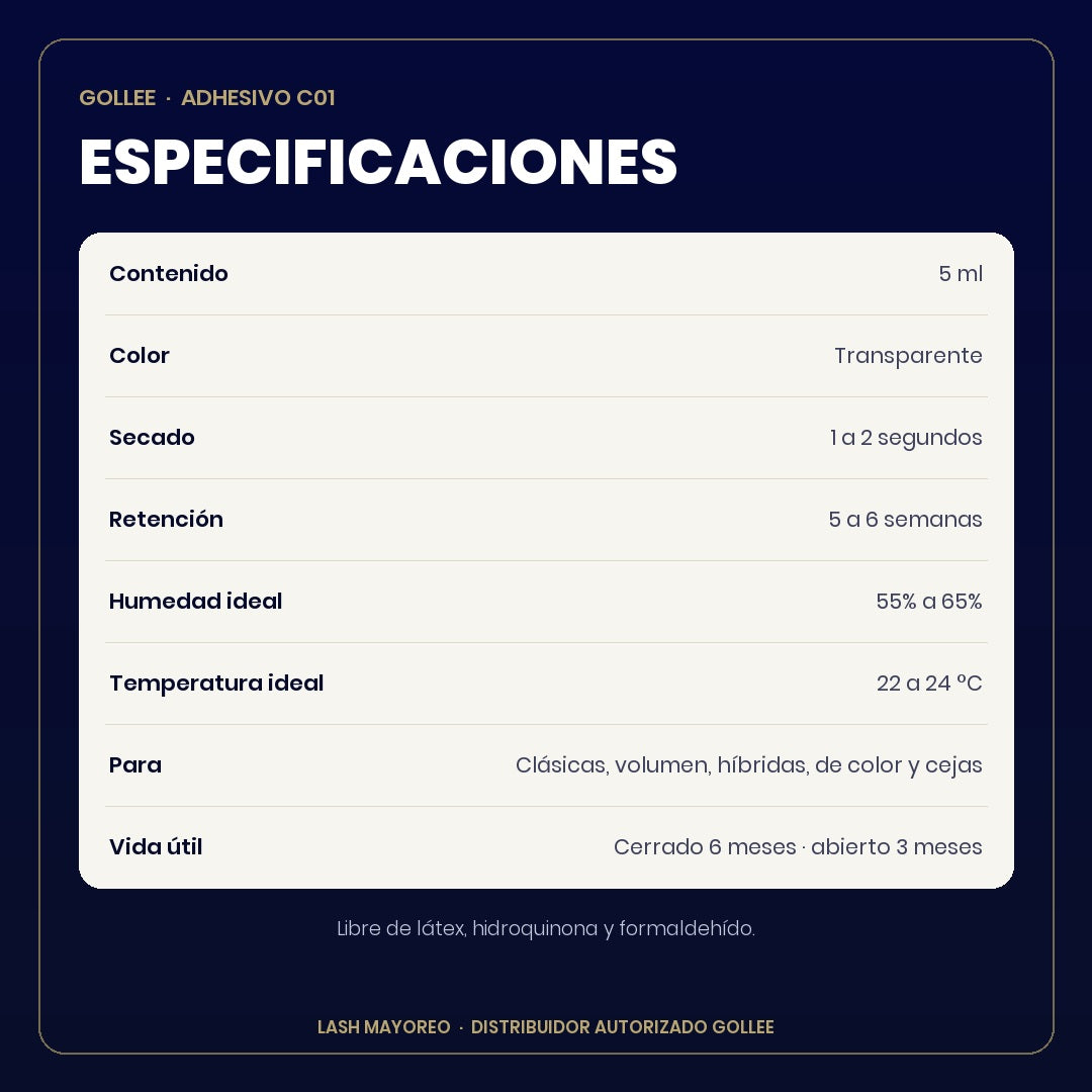 Adhesivo Transparente para Extensiones de Pestañas Gollee C01 5 ml | Lash Mayoreo