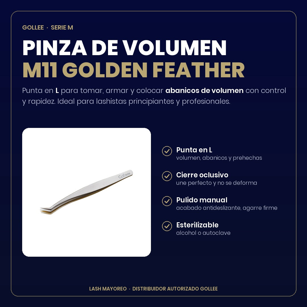 Pinza para Extensiones de Pestañas de Volumen Gollee M11 Golden Feather | Lash Mayoreo