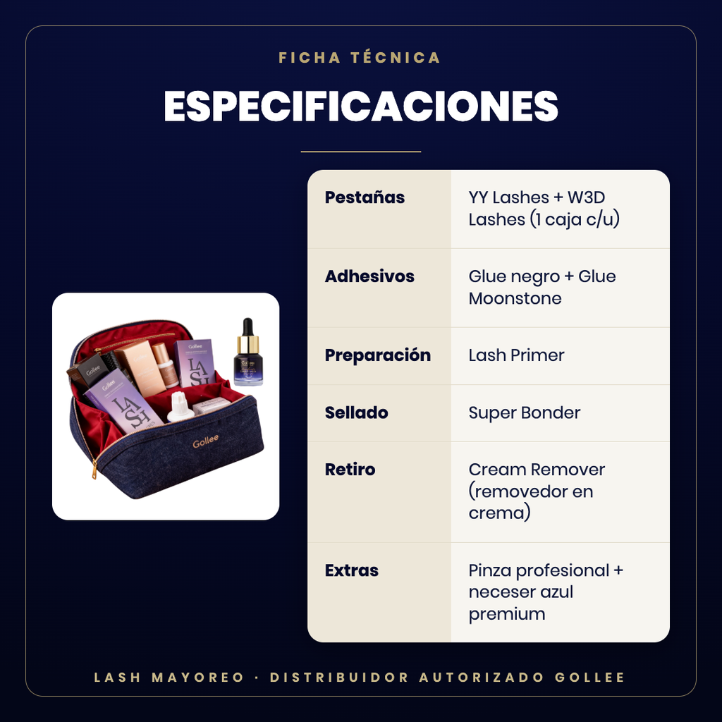 Kit Profesional extensiones de pestañas Gollee — especificaciones | Lash Mayoreo