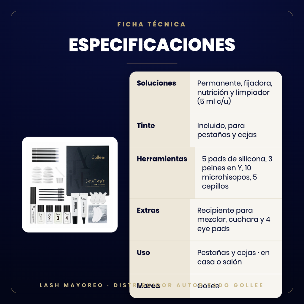 Kit de Tinte y Lifting Gollee — especificaciones | Lash Mayoreo