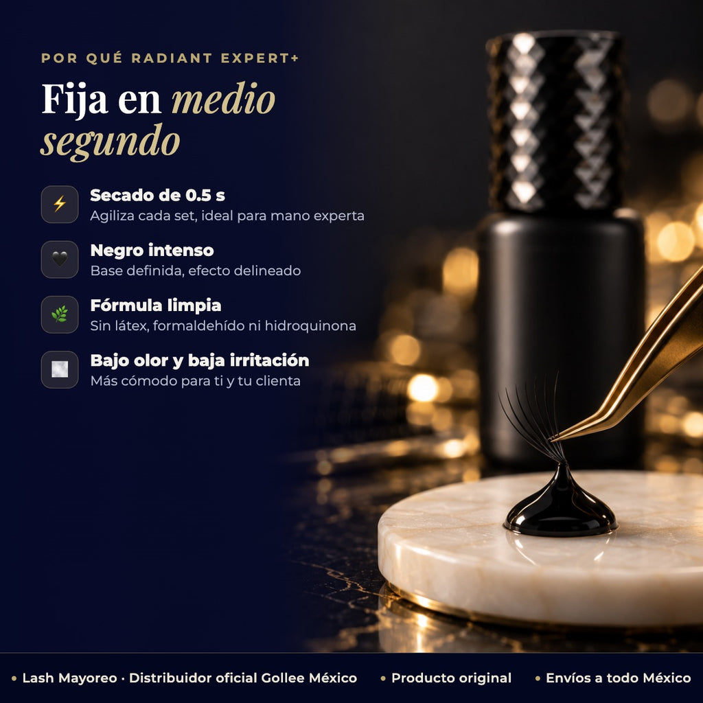 Adhesivo pegamento Gollee Radiant Expert para pestañas mink color negro — detalle | Lash Mayoreo
