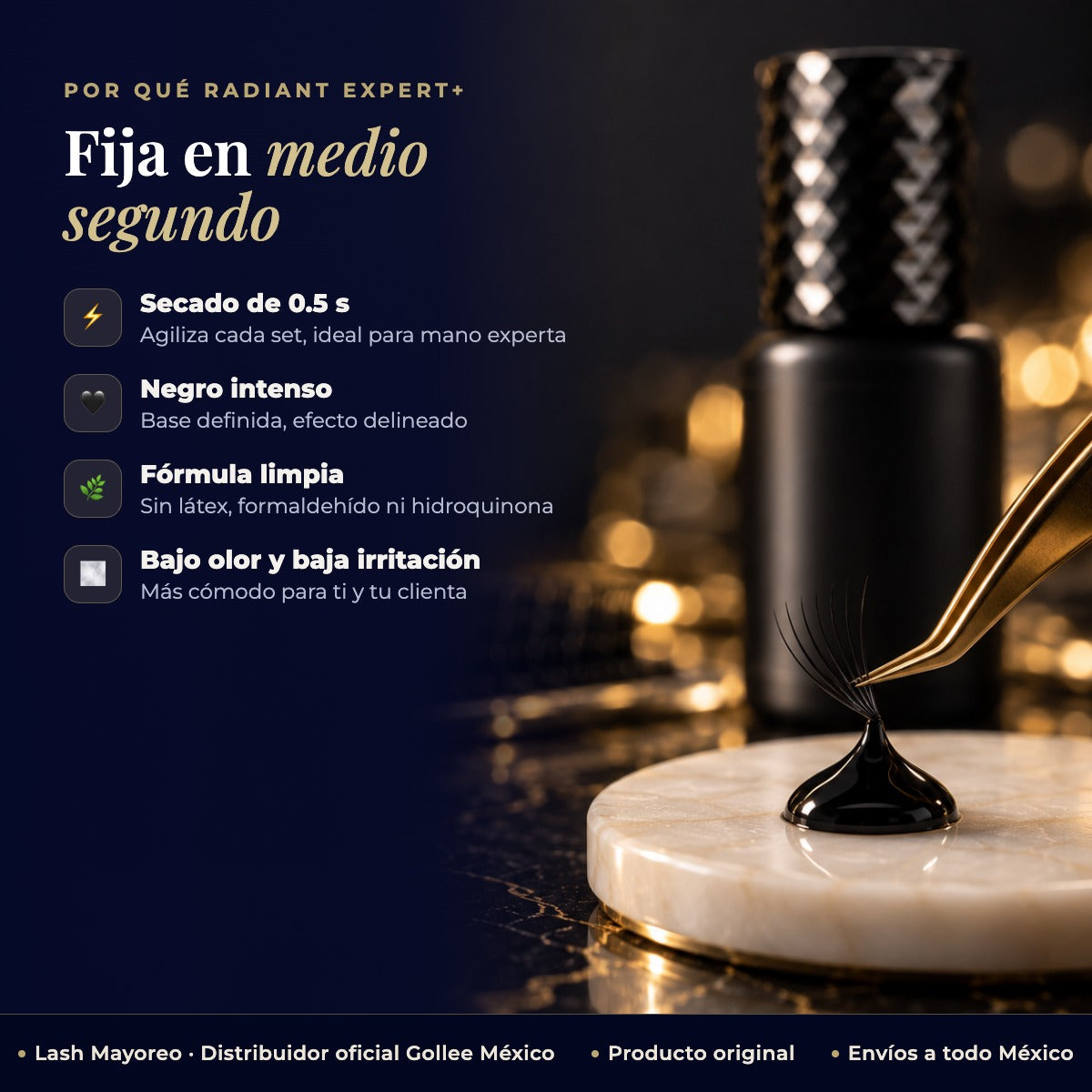 Adhesivo pegamento Gollee Radiant Expert para pestañas mink color negro — detalle | Lash Mayoreo
