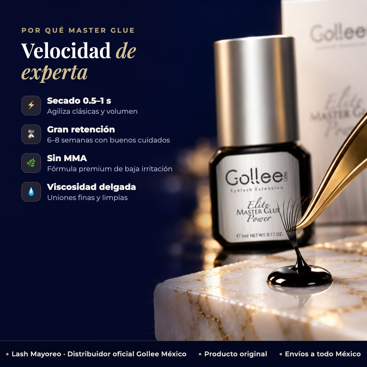 Gollee Elite Master Glue Power 5ml - Adhesivo De Pestañas Color Plateado — beneficios | Lash Mayoreo