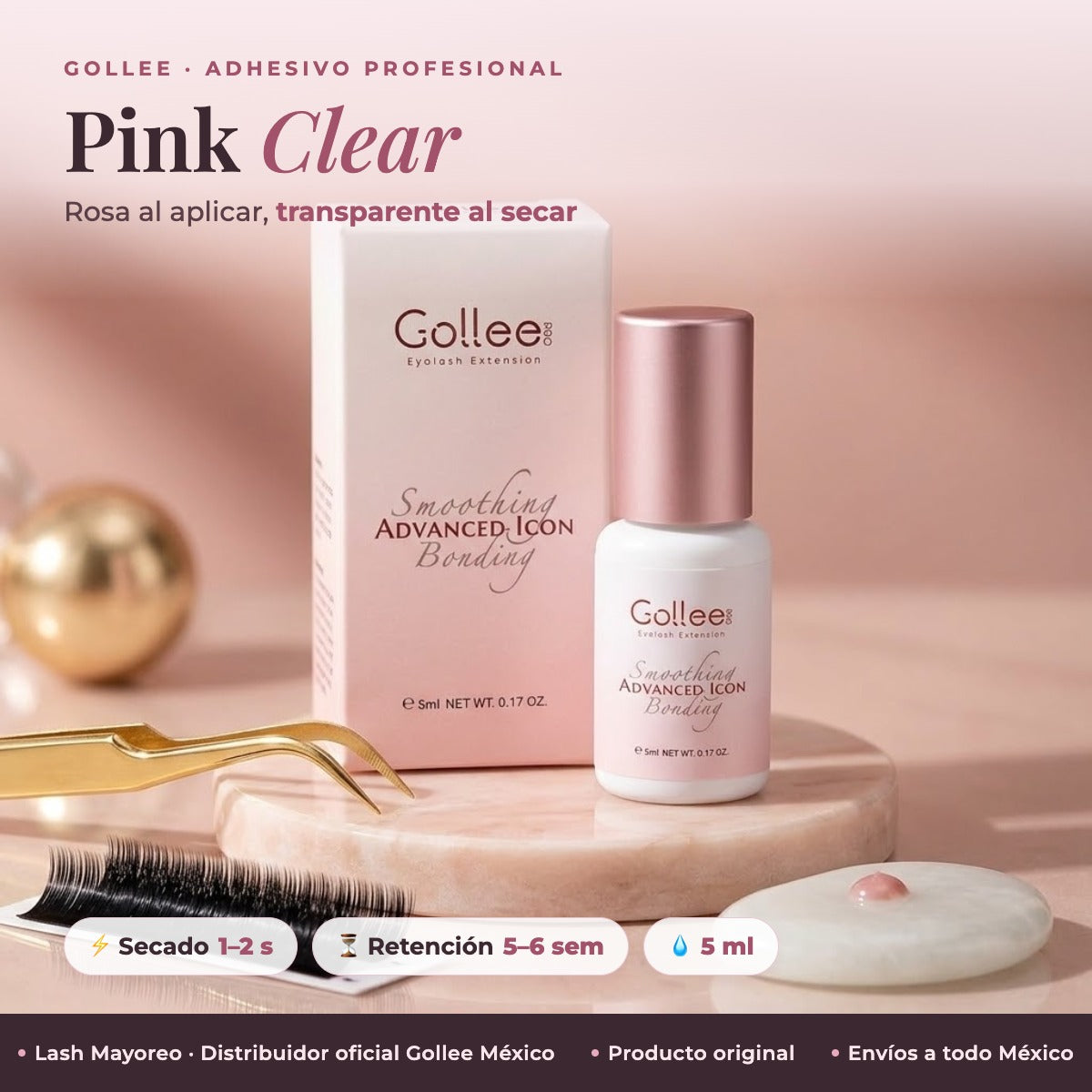 Adhesivo Extensiones De Pestañas Pink Clear Bonding Gollee Color Rosa transparente — hero | Lash Mayoreo