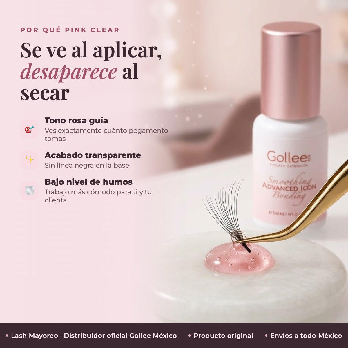 Adhesivo Extensiones De Pestañas Pink Clear Bonding Gollee Color Rosa transparente — detalle | Lash Mayoreo