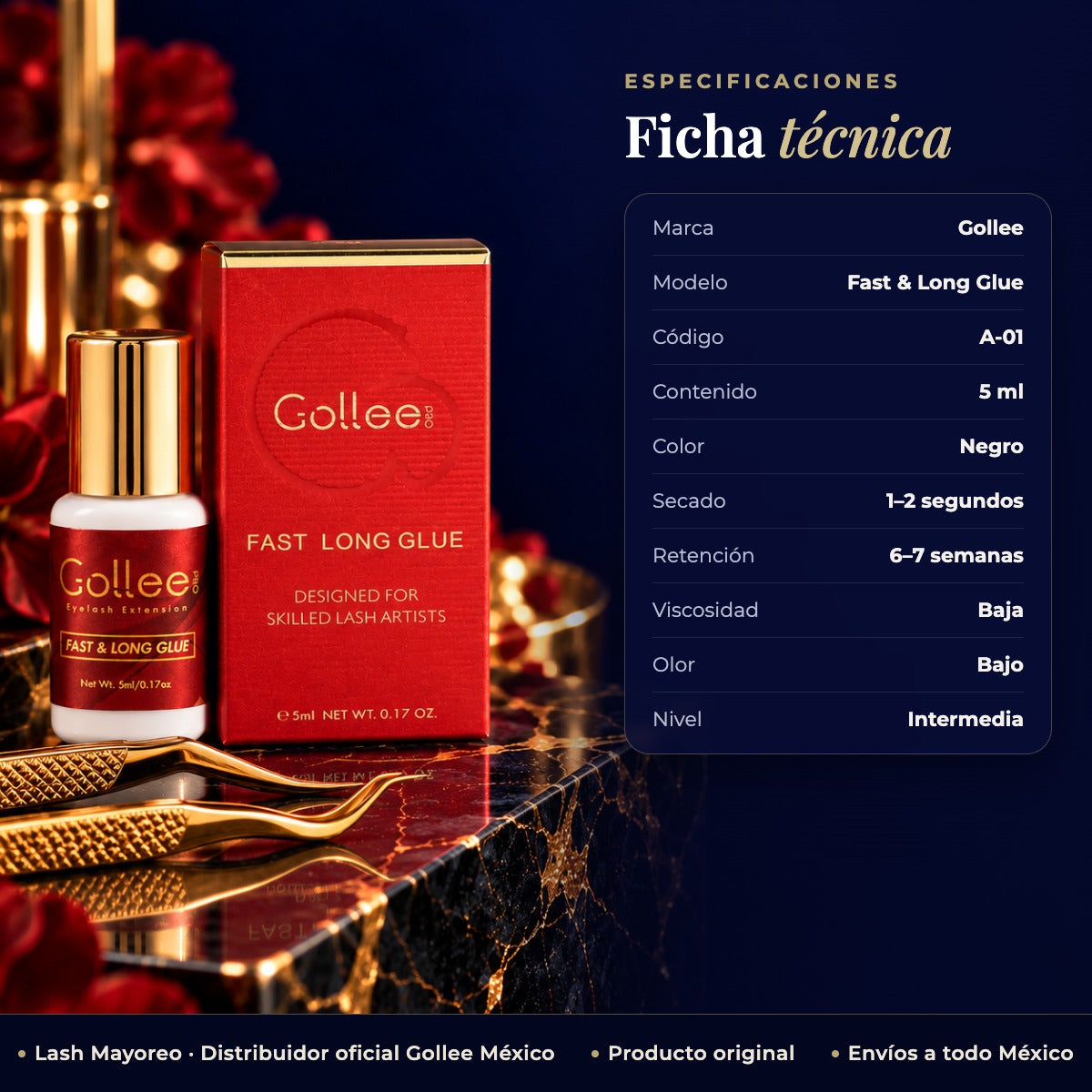 Adhesivo Gollee Libre De Latex Para Extensiones De Pestañas Color Negro — ficha | Lash Mayoreo