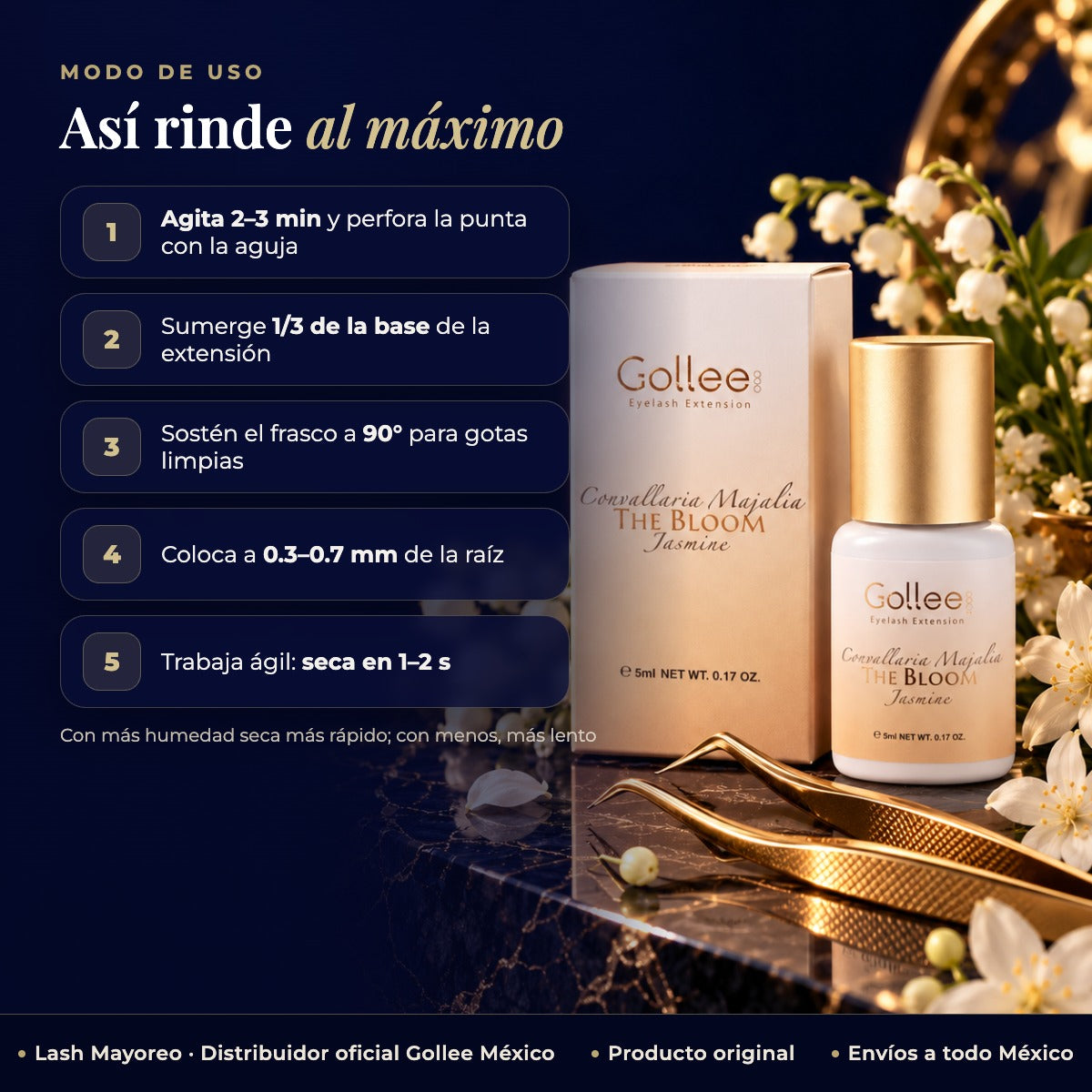 Pegamento para Pestañas Gollee A-03 The Bloom – Aroma Floral — modo de uso | Lash Mayoreo