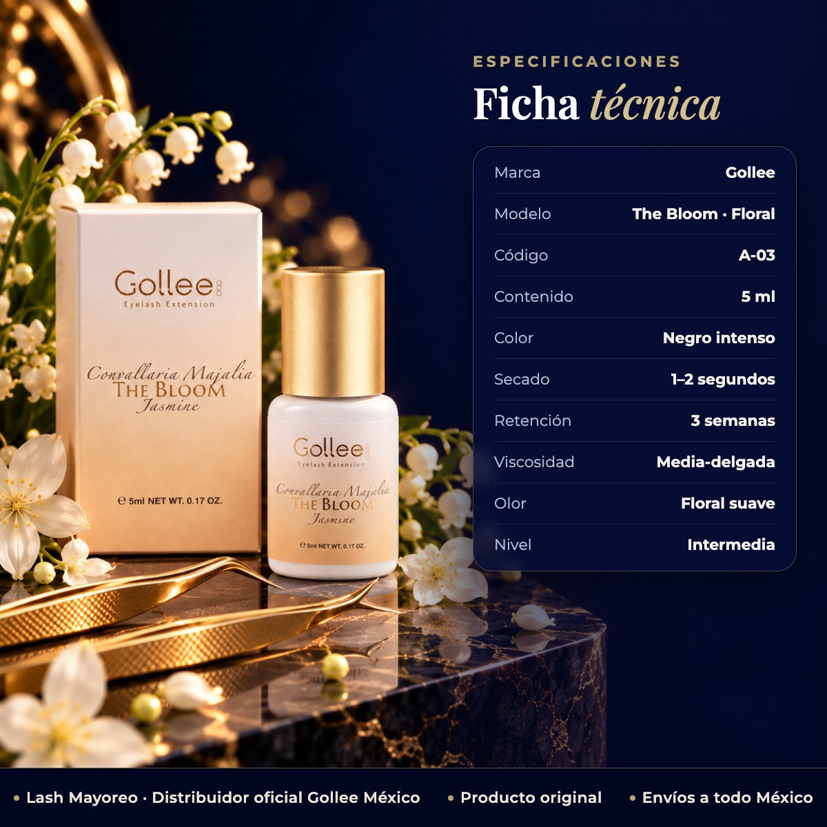 Pegamento para Pestañas Gollee A-03 The Bloom – Aroma Floral — ficha | Lash Mayoreo