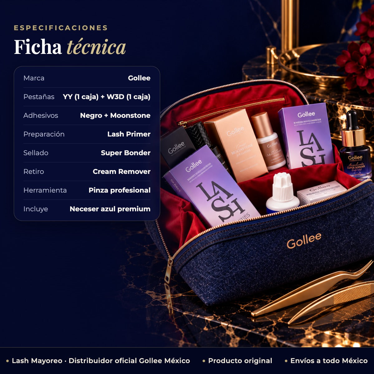 Kit Profesional Gollee Extensiones De Pestañas Yy 3d Pinzas — ficha | Lash Mayoreo