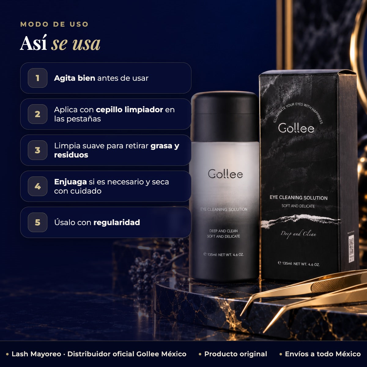 Limpiador Aceite Proteina Extensiones Pestanas Gollee 135ml — modo de uso | Lash Mayoreo