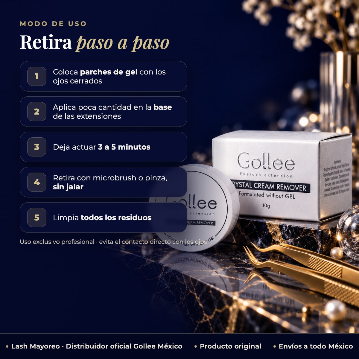 Removedor en Crema para Extensiones de Pestañas Gollee Crystal 10 g — modo de uso | Lash Mayoreo
