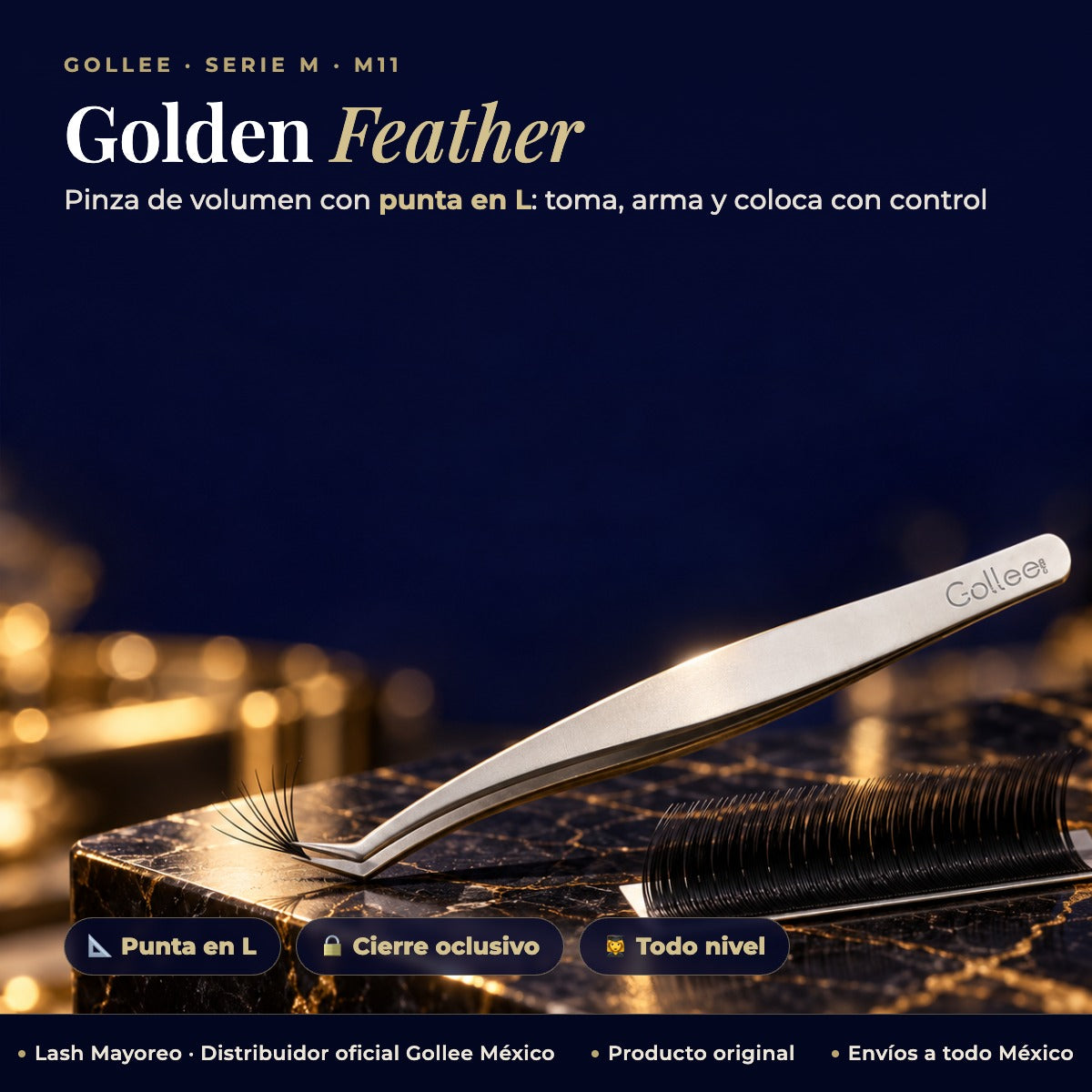 Pinza para Extensiones de Pestañas de Volumen Gollee M11 Golden Feather — hero | Lash Mayoreo
