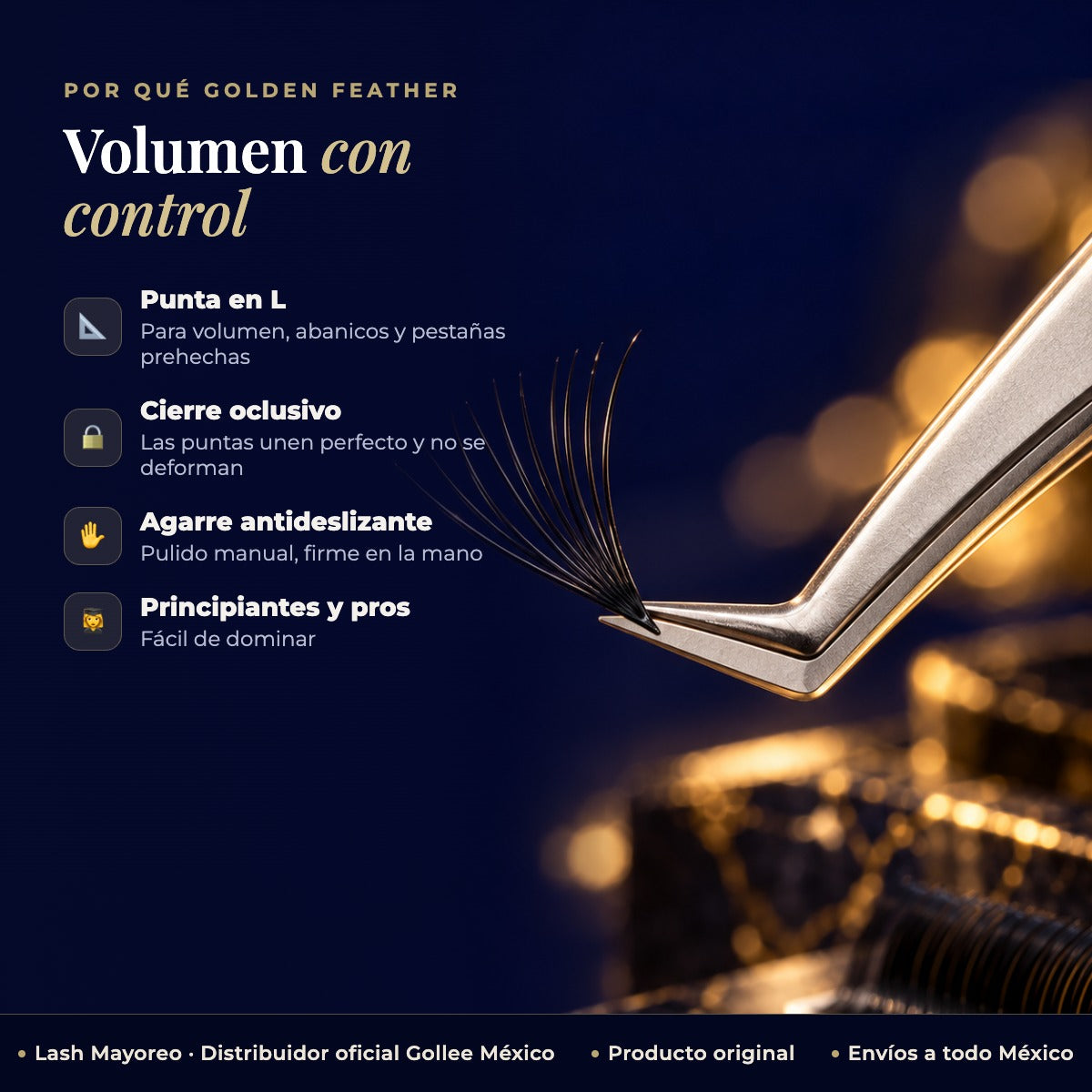 Pinza para Extensiones de Pestañas de Volumen Gollee M11 Golden Feather — beneficios | Lash Mayoreo