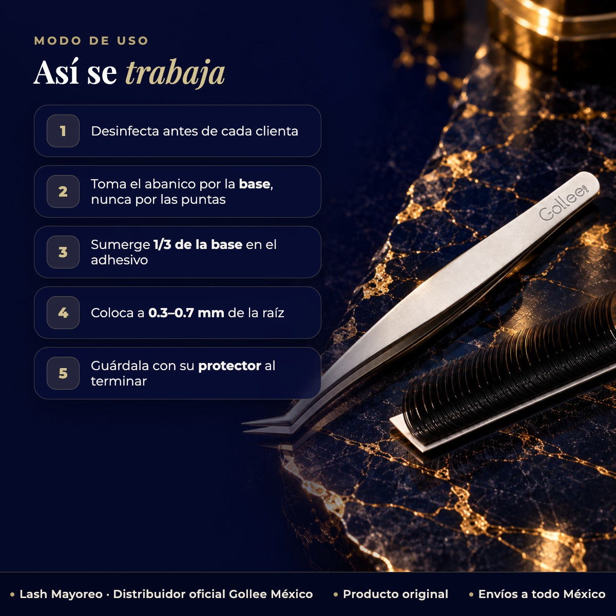Pinza para Extensiones de Pestañas de Volumen Gollee M11 Golden Feather — modo de uso | Lash Mayoreo