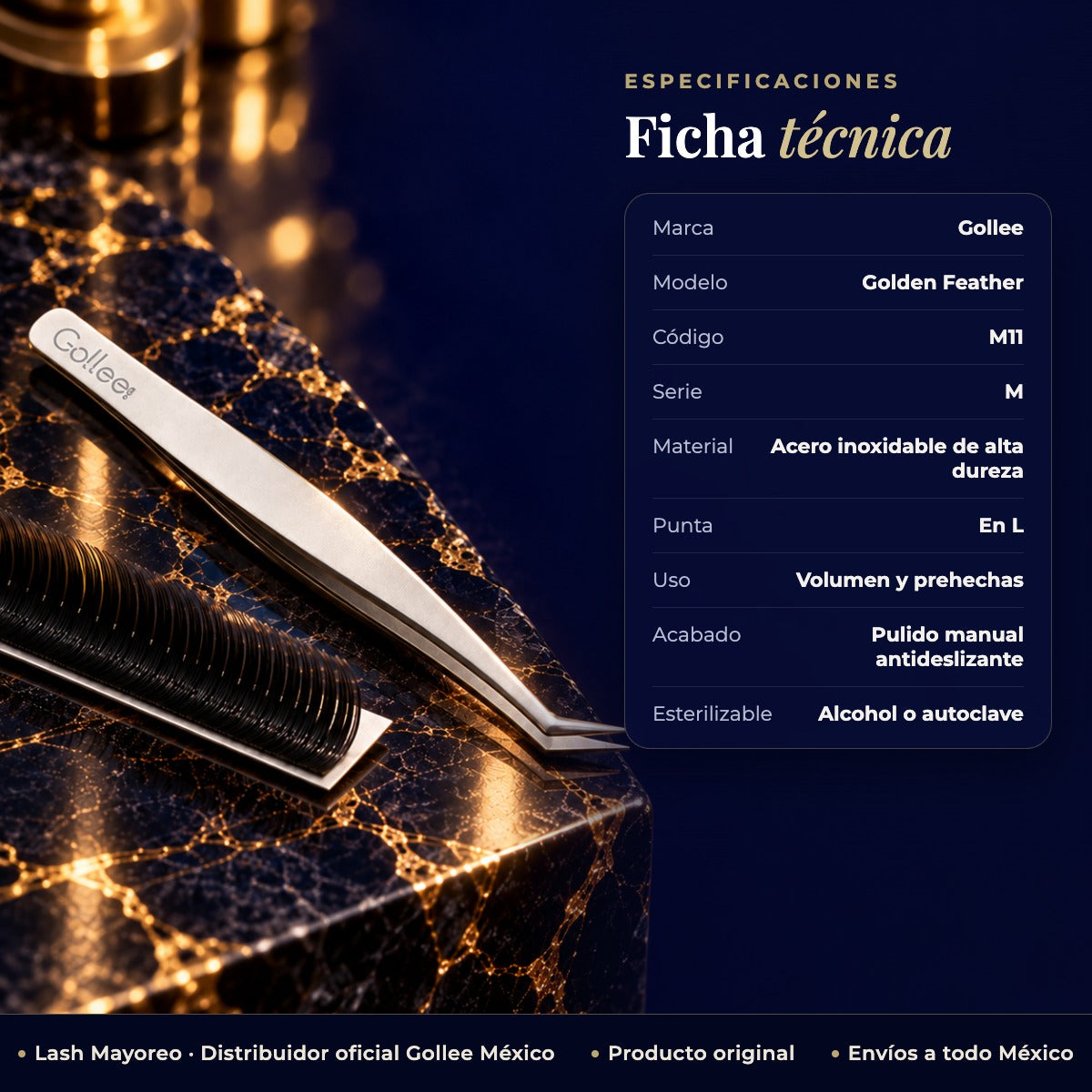 Pinza para Extensiones de Pestañas de Volumen Gollee M11 Golden Feather — ficha | Lash Mayoreo