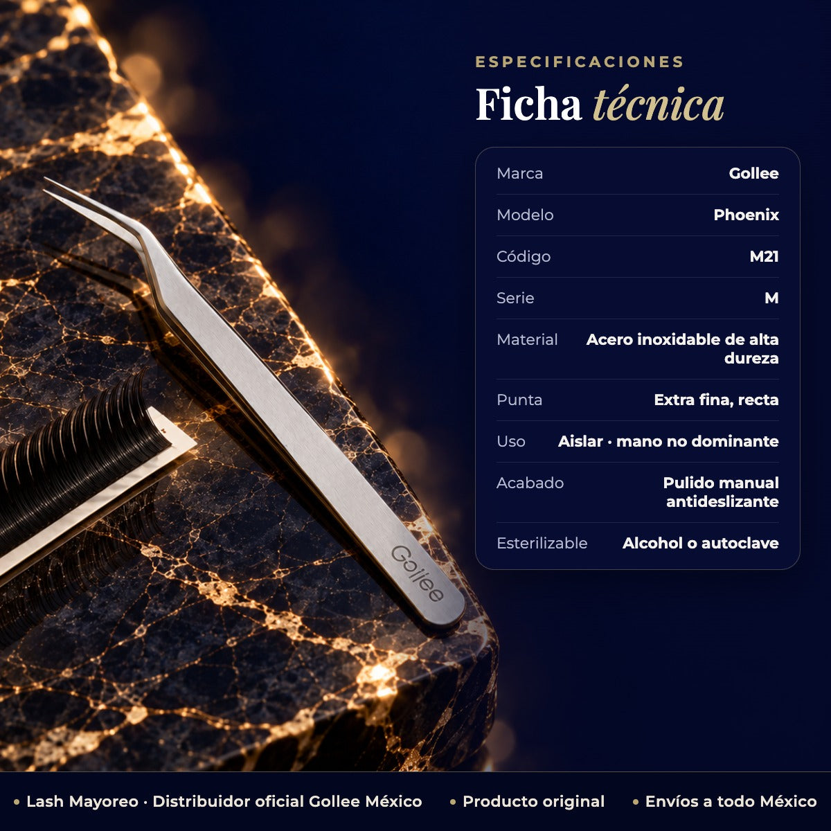 Pinza Aisladora para Extensiones de Pestañas Gollee M21 Phoenix — ficha | Lash Mayoreo