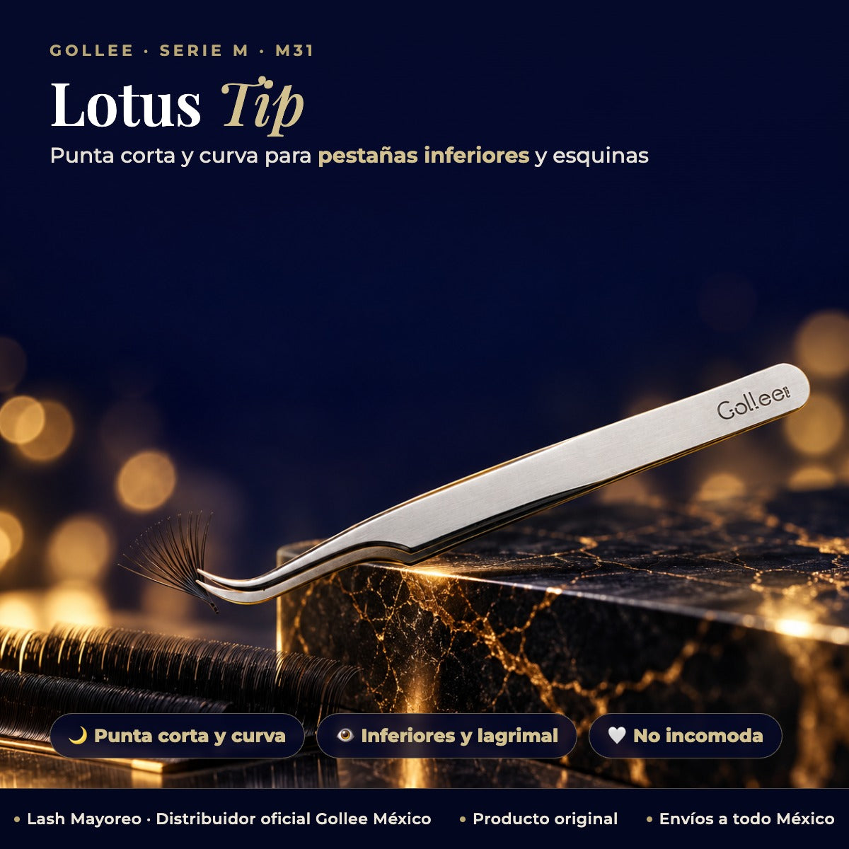 Pinza para Extensiones de Pestañas Inferiores Gollee M31 Lotus Tip — hero | Lash Mayoreo