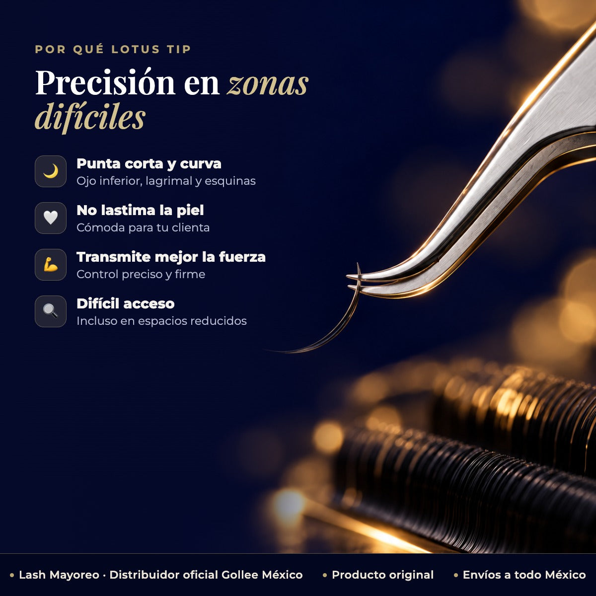 Pinza para Extensiones de Pestañas Inferiores Gollee M31 Lotus Tip — beneficios | Lash Mayoreo