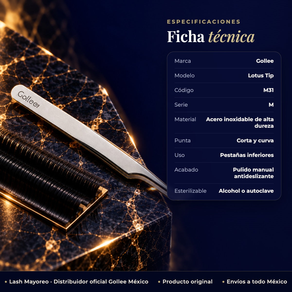 Pinza para Extensiones de Pestañas Inferiores Gollee M31 Lotus Tip — ficha | Lash Mayoreo
