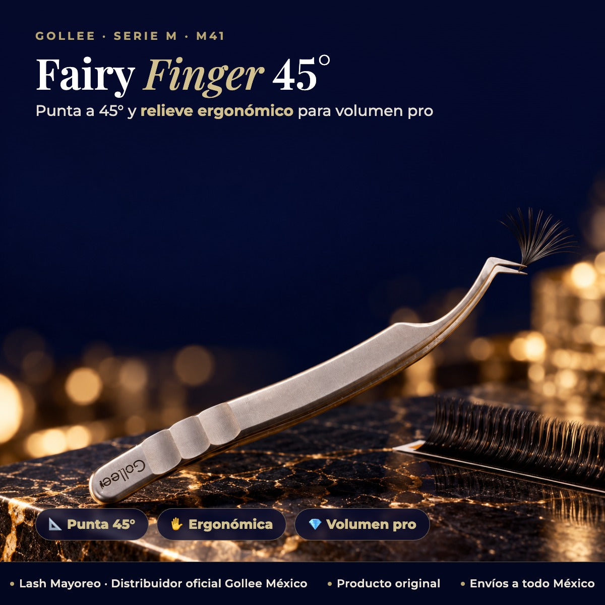 Pinza de Volumen para Extensiones de Pestañas Gollee M41 Fairy Finger 45° — hero | Lash Mayoreo