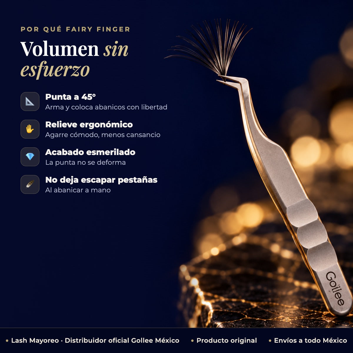 Pinza de Volumen para Extensiones de Pestañas Gollee M41 Fairy Finger 45° — beneficios | Lash Mayoreo