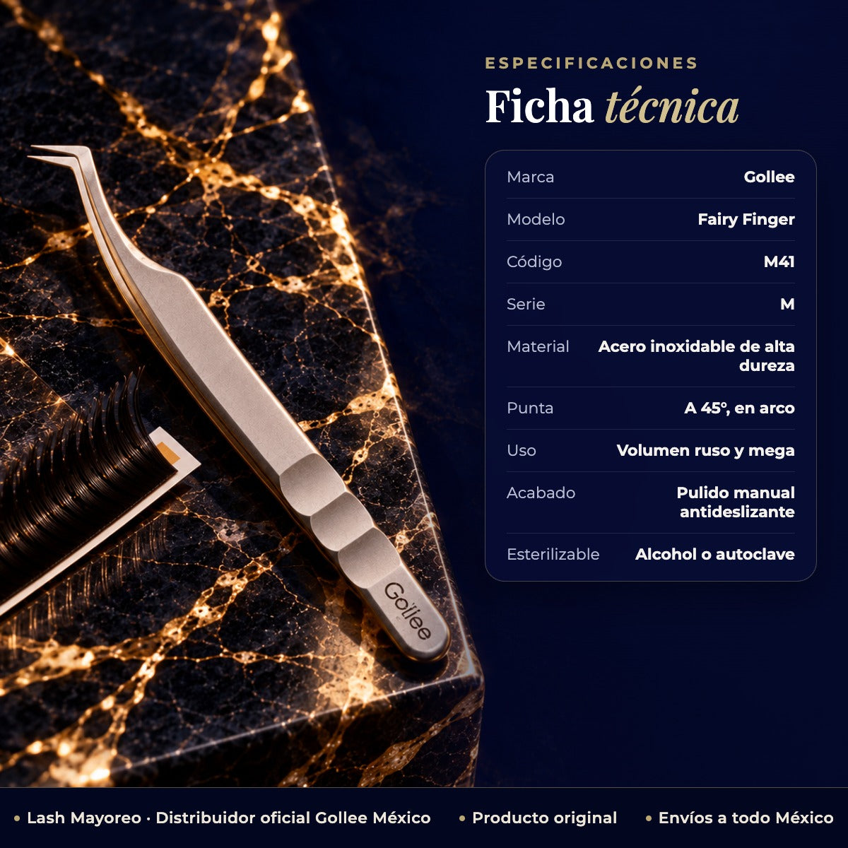 Pinza de Volumen para Extensiones de Pestañas Gollee M41 Fairy Finger 45° — ficha | Lash Mayoreo