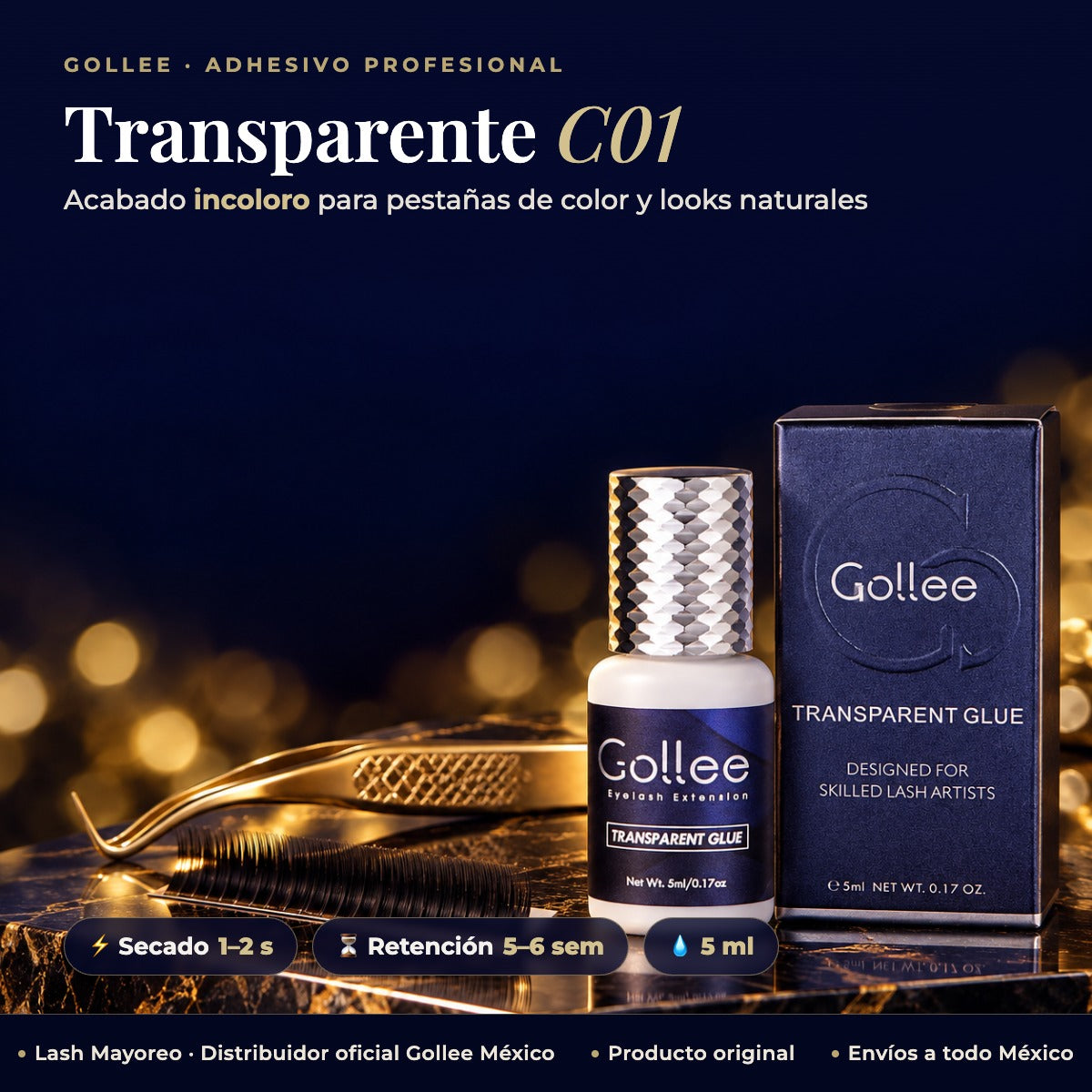 Adhesivo Transparente para Extensiones de Pestañas Gollee C01 5 ml — hero | Lash Mayoreo